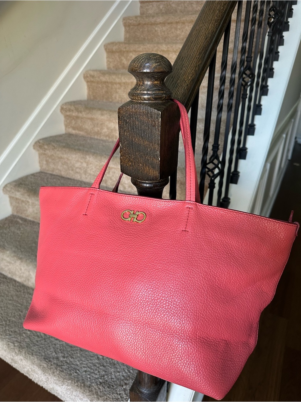 Salvatore Ferragamo Coral Pink Pebbled Leather Tote with Gold Gancini